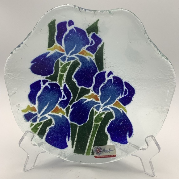 Peggy Karr Hand Fused Glass Bowl Featuring Blue Irises - Picture 1 of 13
